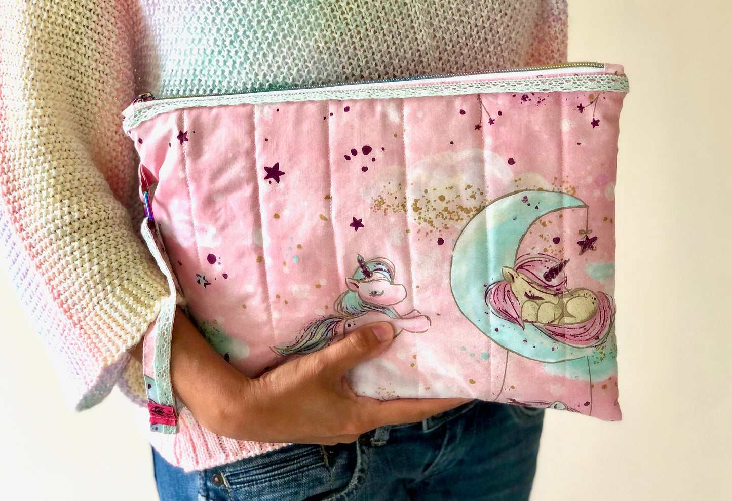 Grande pochette rose "Licornes"