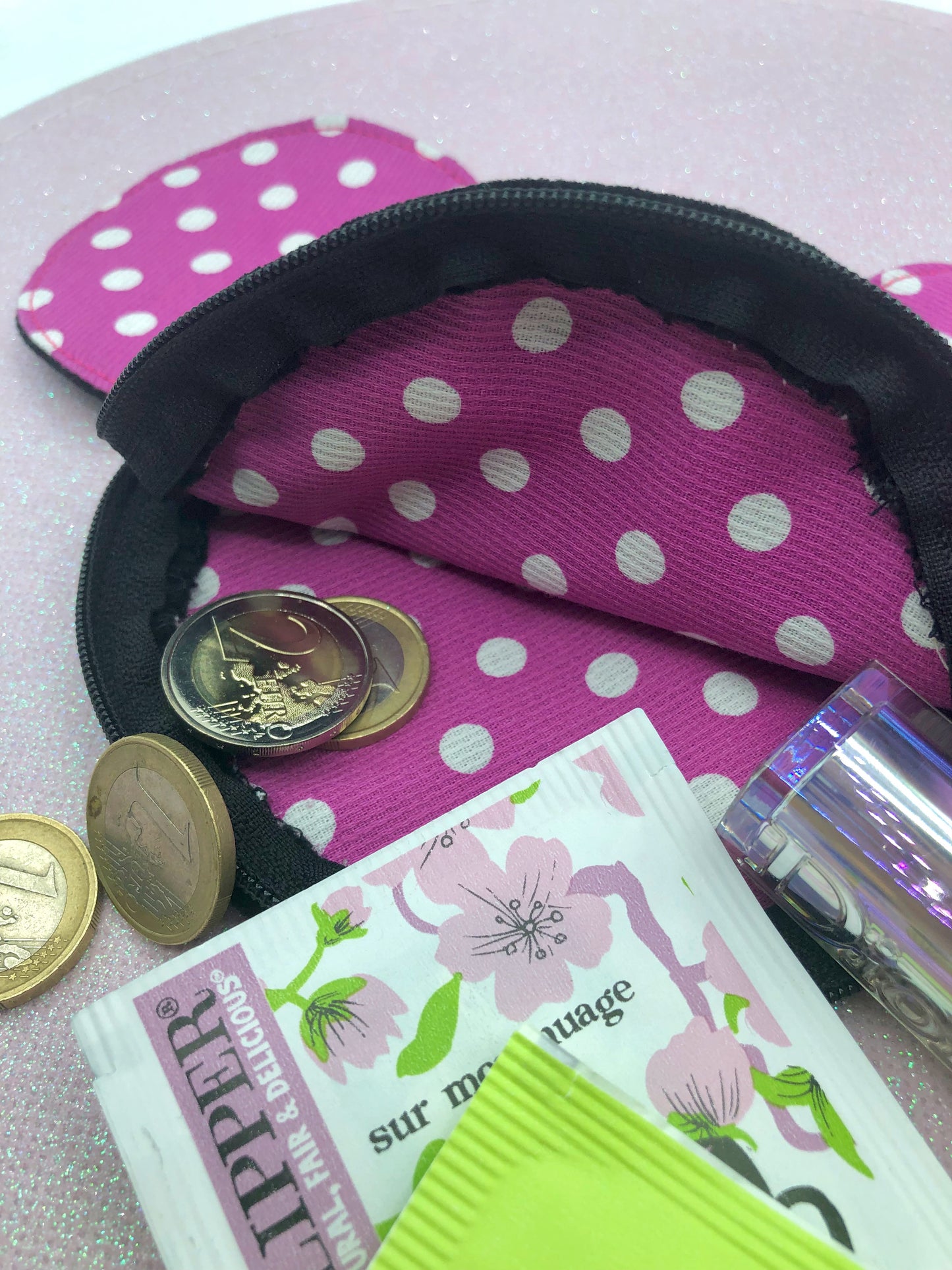 Porte-monnaie Mickey/Minnie ; pois fushias