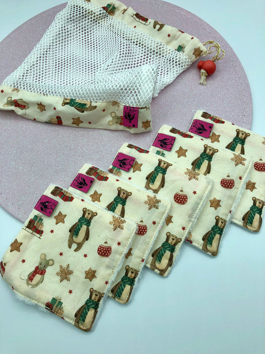 Lot 5 lingettes démaquillantes + filet - oursons et souris de Noël